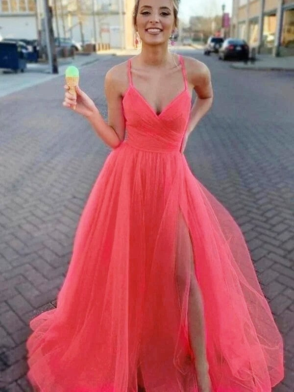Vestidos de fiesta elegantes de corte A, sin mangas, de tul con escote en V y fruncidos.