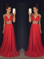Vestidos de graduación de gasa hasta el suelo, corte en A, elegantes, sin mangas, con escote en V y pedrería.