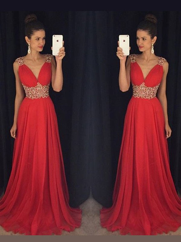 Vestidos de graduación de gasa hasta el suelo, corte en A, elegantes, sin mangas, con escote en V y pedrería.