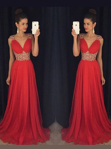 Vestidos de graduación de gasa hasta el suelo, corte en A, elegantes, sin mangas, con escote en V y pedrería.