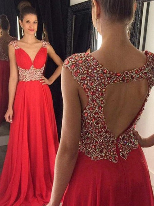 Vestidos de graduación de gasa hasta el suelo, corte en A, elegantes, sin mangas, con escote en V y pedrería.