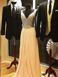 Vestidos de graduación elegantes de corte A, sin mangas, con escote en V y pedrería de gasa.