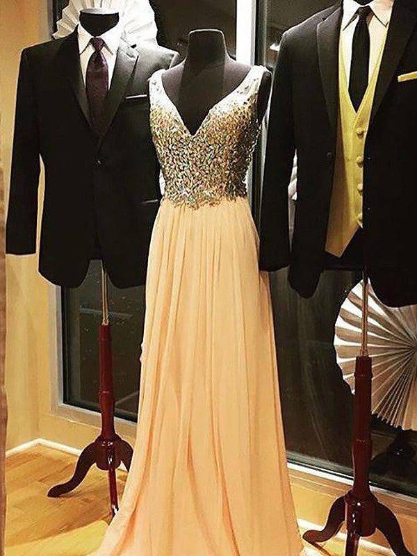 Vestidos de graduación elegantes de corte A, sin mangas, con escote en V y pedrería de gasa.