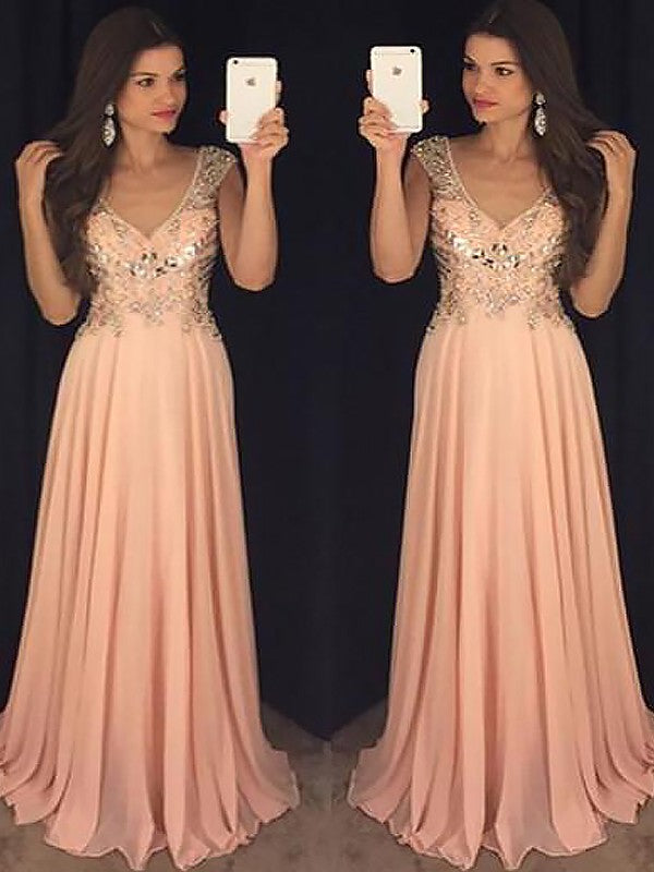 Vestidos de graduación elegantes de corte A, sin mangas, con escote en V, de gasa y lentejuelas, hasta el suelo.