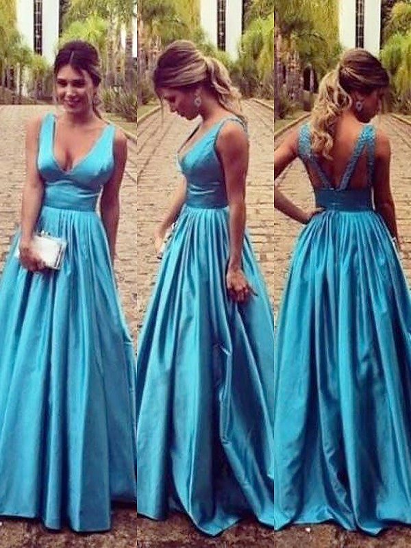 Vestidos de graduación elegantes de corte A, sin mangas, con escote en V, elásticos, de satén tejido y fruncidos hasta el suelo.
