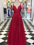 Vestidos de graduación elegantes de corte A, sin mangas, con escote en V y largo hasta el suelo, con apliques de tul.