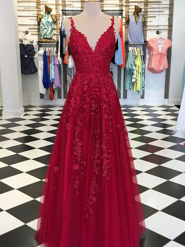 Vestidos de graduación elegantes de corte A, sin mangas, con escote en V y largo hasta el suelo, con apliques de tul.