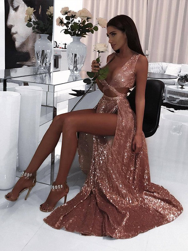 Vestidos de graduación elegantes de corte A, sin mangas, con escote en V, largos hasta el suelo, con volantes y lentejuelas.