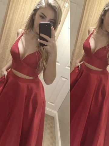 Vestidos de graduación de dos piezas de corte A/elegantes, sin mangas, con escote en V y largo hasta el suelo, de satén.