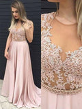 Vestidos de graduación elegantes de corte A, sin mangas, con escote en V, de satén y encaje, hasta el suelo.