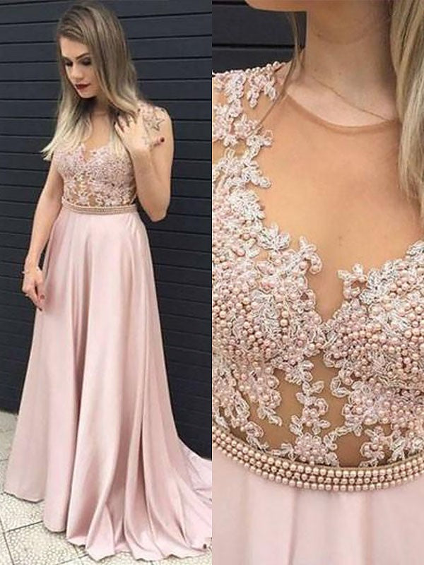 Vestidos de graduación elegantes de corte A, sin mangas, con escote en V, de satén y encaje, hasta el suelo.