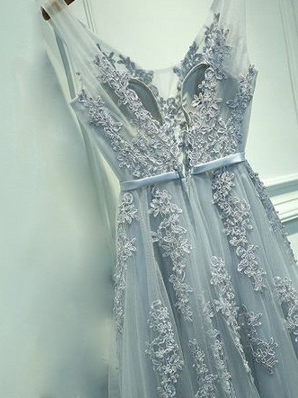 Vestidos de graduación elegantes de corte A, sin mangas, con escote en V y apliques de tul hasta el suelo
