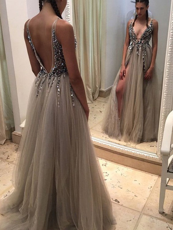 Vestidos de graduación de tul con lentejuelas, corte en A/elegantes, sin mangas y con escote en V