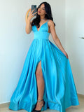 Vestidos de graduación largos hasta el suelo, de satén, sin mangas, con volantes y tirantes finos elegantes/corte A.