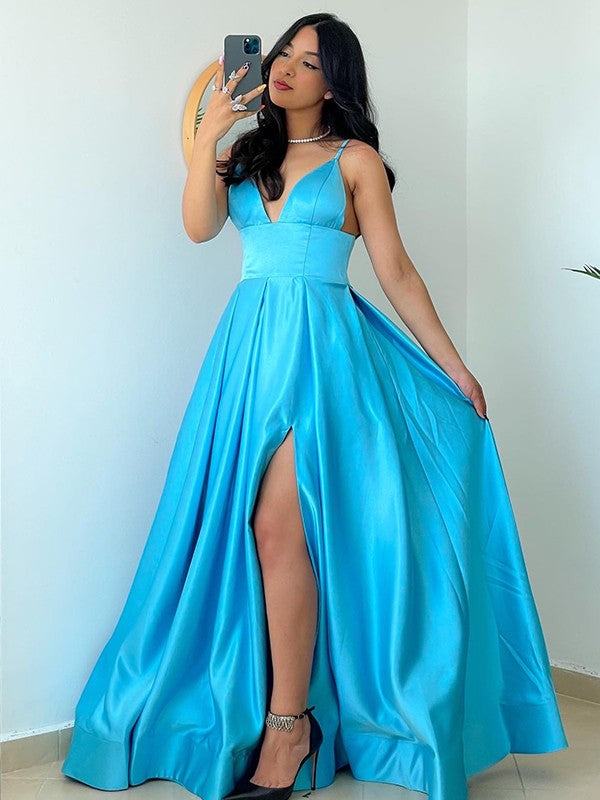 Vestidos de graduación largos hasta el suelo, de satén, sin mangas, con volantes y tirantes finos elegantes/corte A.