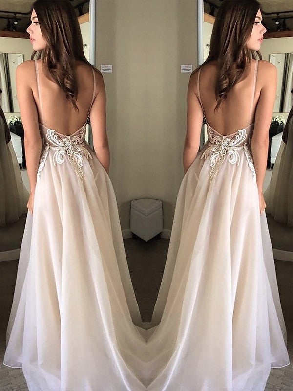 Vestidos de graduación de gasa con apliques, sin mangas, con tirantes finos y corte en A/elegantes.