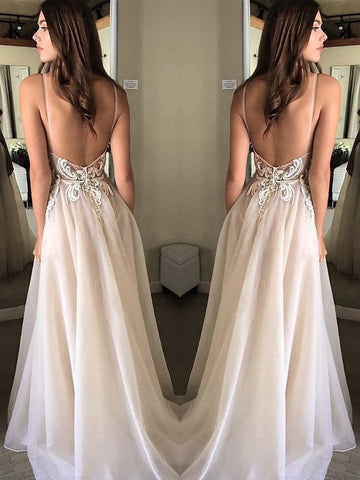A-Line/Elegant Spaghetti Straps Sleeveless Applique Chiffon Prom Dresses