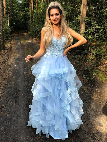 Vestidos de graduación largos hasta el suelo, de corte A, con tirantes finos, sin mangas y apliques de organza.