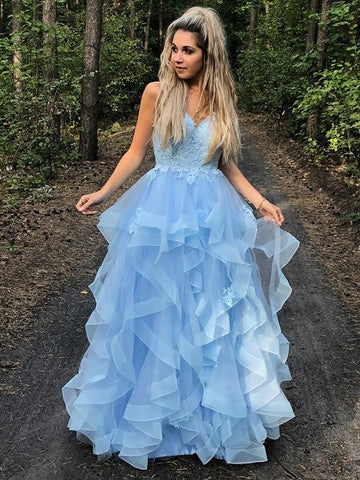 Vestidos de graduación largos hasta el suelo, de corte A, con tirantes finos, sin mangas y apliques de organza.
