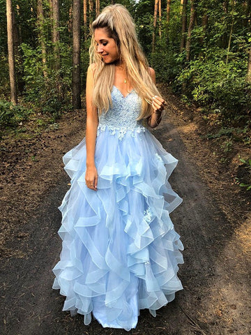 Vestidos de graduación largos hasta el suelo, de corte A, con tirantes finos, sin mangas y apliques de organza.