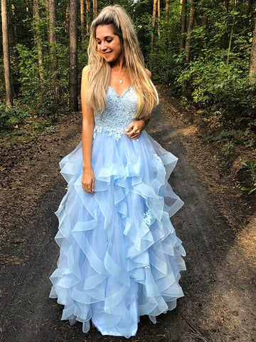 Vestidos de graduación largos hasta el suelo, de corte A, con tirantes finos, sin mangas y apliques de organza.