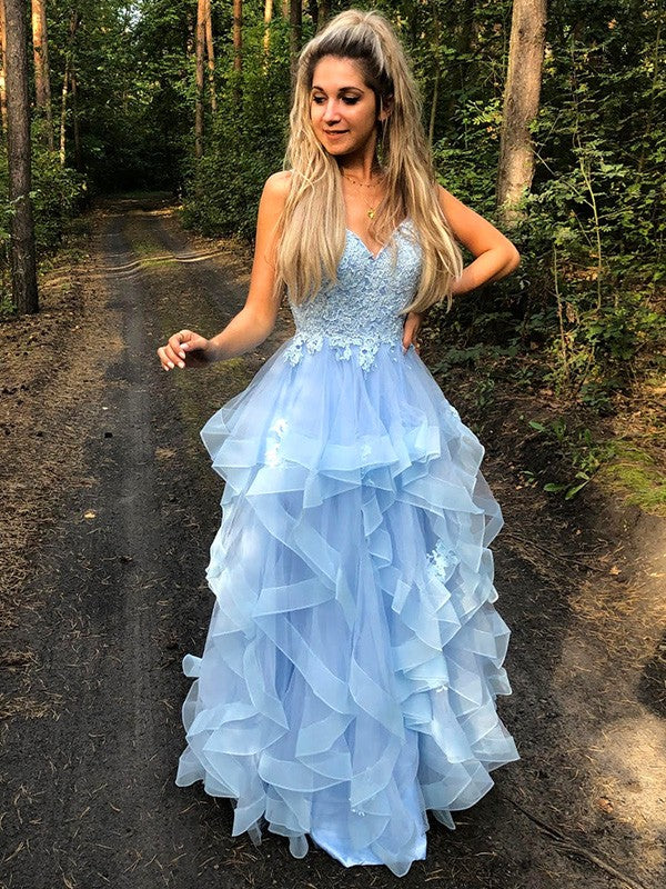Vestidos de graduación largos hasta el suelo, de corte A, con tirantes finos, sin mangas y apliques de organza.