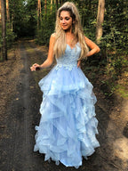 Vestidos de graduación largos hasta el suelo, de corte A, con tirantes finos, sin mangas y apliques de organza.