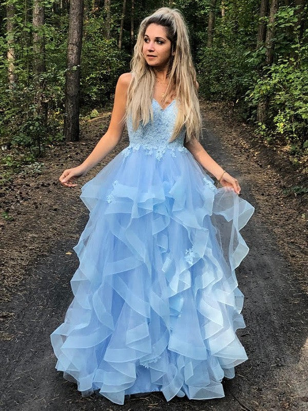 Vestidos de graduación largos hasta el suelo, de corte A, con tirantes finos, sin mangas y apliques de organza.