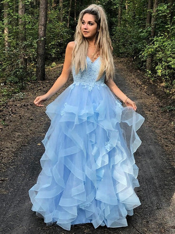 Vestidos de graduación largos hasta el suelo, de corte A, con tirantes finos, sin mangas y apliques de organza.