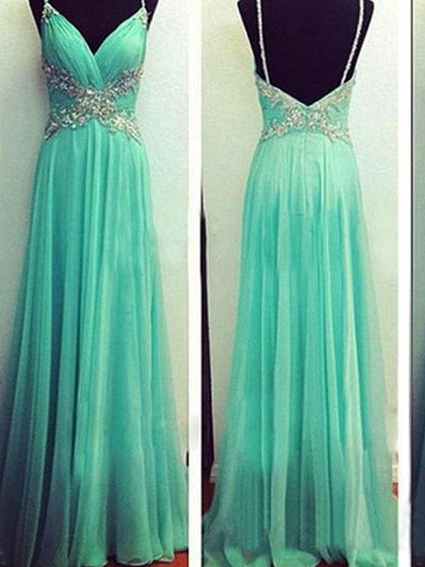 Vestidos de graduación de gasa hasta el suelo, corte en A, elegantes, sin mangas, con tirantes finos y pedrería.