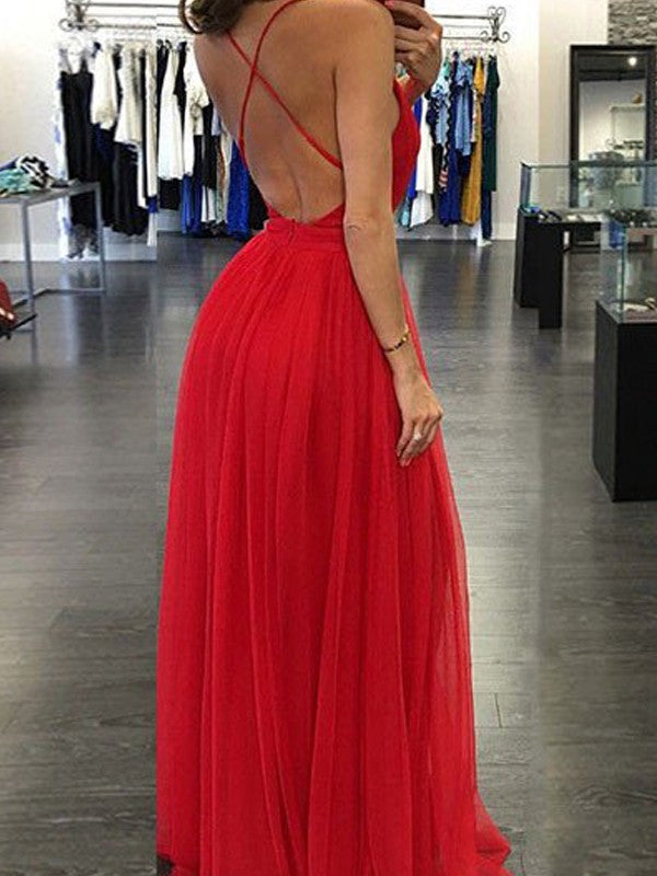 Vestidos de graduación de gasa sin mangas, corte en A/con tirantes finos y elegantes, hasta el suelo.