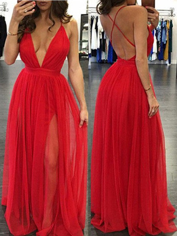 Vestidos de graduación de gasa sin mangas, corte en A/con tirantes finos y elegantes, hasta el suelo.