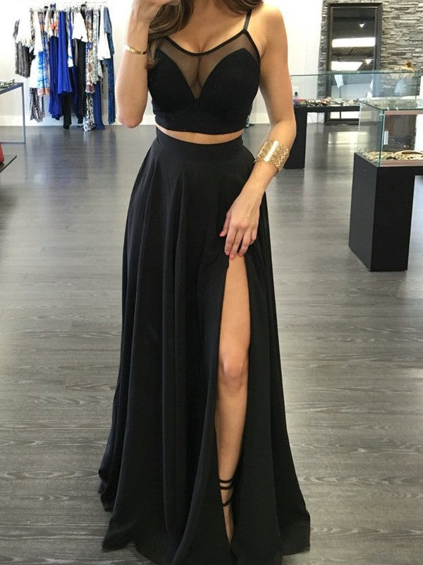 Vestidos de fiesta de dos piezas de gasa, corte en A, elegantes, con tirantes finos, sin mangas y hasta el suelo.