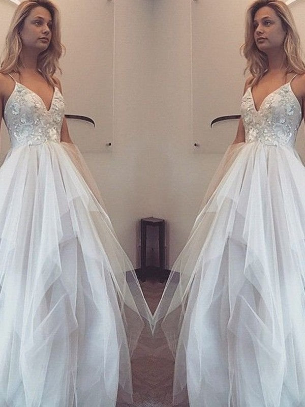 Vestidos de graduación de tul sin mangas, corte en A y elegantes con tirantes finos, hasta el suelo.
