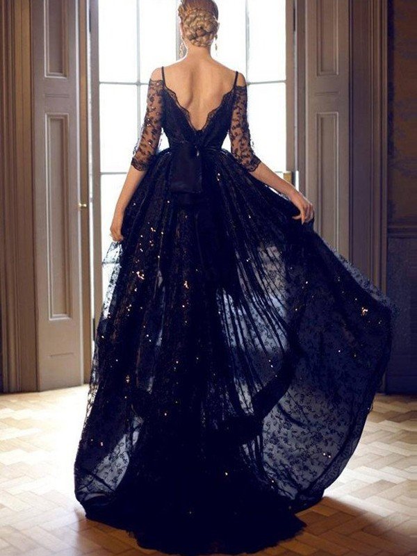 Vestidos de graduación de encaje sin mangas con tirantes finos y corte en A/elegantes