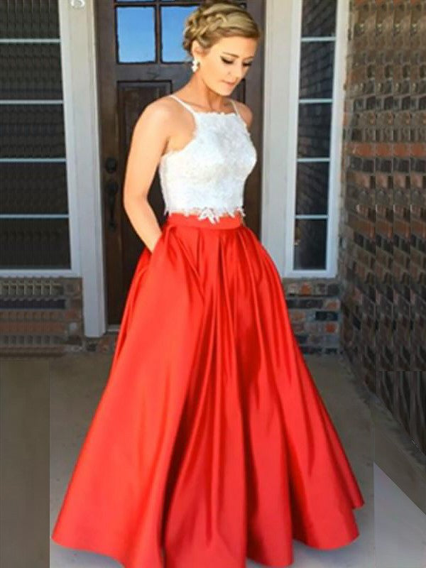 Vestidos de graduación de dos piezas de encaje, satén, sin mangas, con tirantes finos y corte en A/elegantes, sin mangas y con tirantes finos.