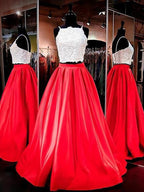 Vestidos de graduación de dos piezas de encaje, satén, sin mangas, con tirantes finos y corte en A/elegantes, sin mangas y con tirantes finos.