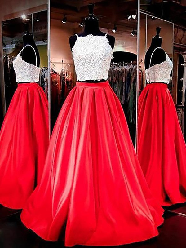 Vestidos de graduación de dos piezas de encaje, satén, sin mangas, con tirantes finos y corte en A/elegantes, sin mangas y con tirantes finos.
