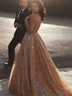 Vestidos de graduación de corte A/elegantes con tirantes finos, tul, lentejuelas y sin mangas