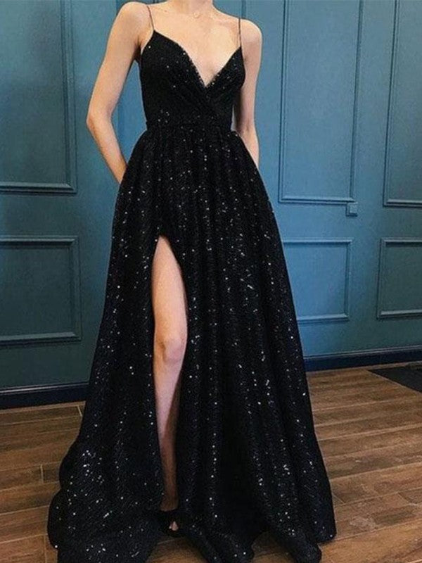 Vestidos de graduación de corte A/elegantes con tirantes finos y escote en V