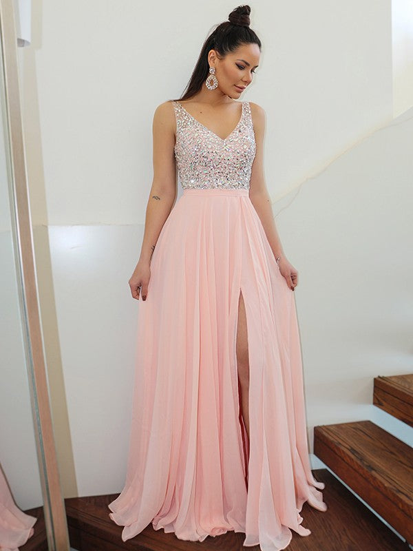 Vestidos de graduación de gasa sin mangas, corte en A, con tirantes elegantes y cuentas, hasta el suelo.