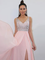 Vestidos de graduación de gasa sin mangas, corte en A, con tirantes elegantes y cuentas, hasta el suelo.