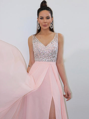 Vestidos de graduación de gasa sin mangas, corte en A, con tirantes elegantes y cuentas, hasta el suelo.