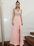 Vestidos de graduación de gasa sin mangas, corte en A, con tirantes elegantes y cuentas, hasta el suelo.