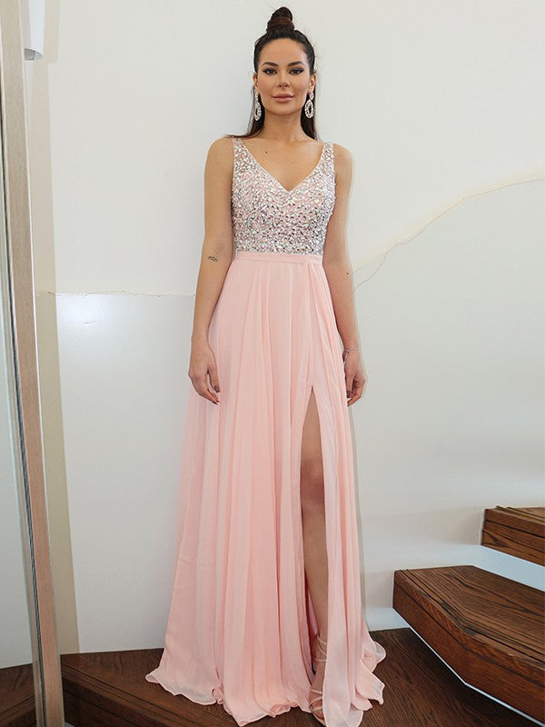 Vestidos de graduación de gasa sin mangas, corte en A, con tirantes elegantes y cuentas, hasta el suelo.