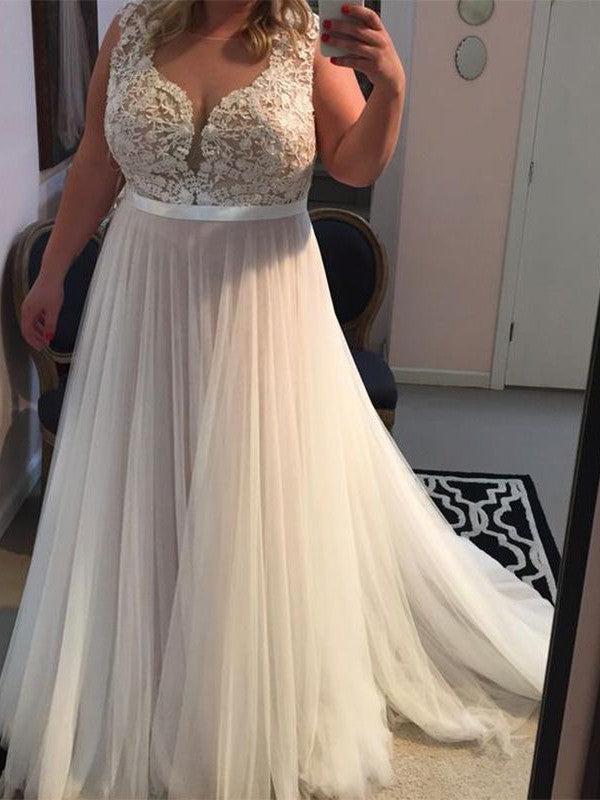 Vestidos de fiesta de talla grande, corte en A, sin mangas, con apliques de tul y tirantes elegantes.