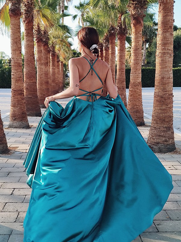 Vestidos de fiesta de corte A/con tirantes elegantes, sin mangas, con volantes y acabado satinado tipo seda.