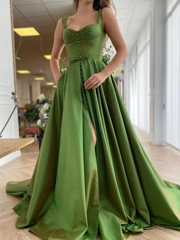 Vestidos de graduación de corte A/con tirantes elegantes, sin mangas, de satén con volantes