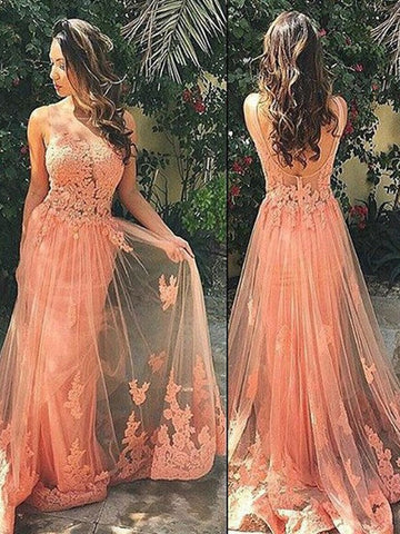Vestidos de fiesta sin mangas con apliques de tul y tirantes elegantes, corte en A