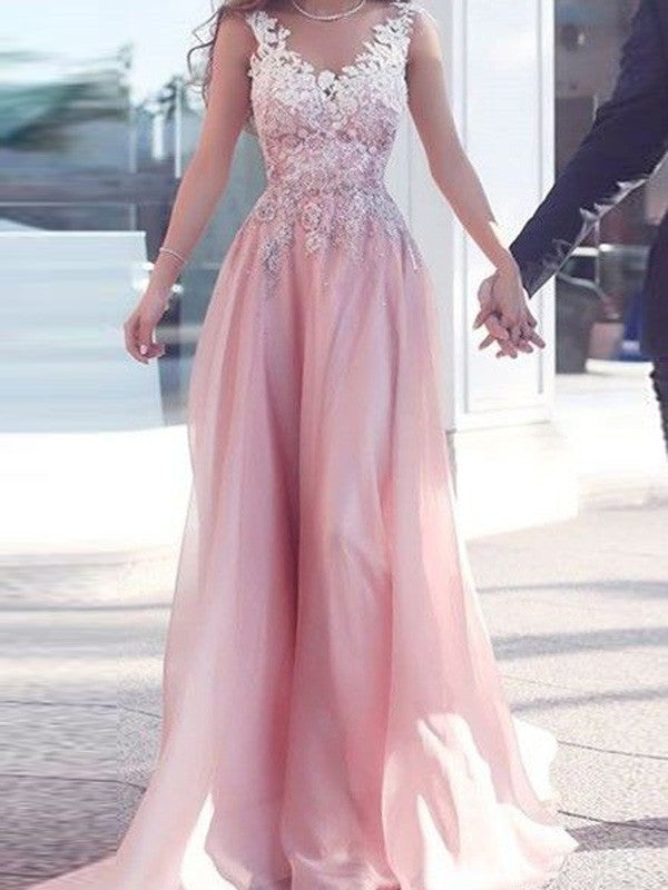 Vestidos de graduación de gasa con apliques, corte en A/elegante, sin mangas, con escote corazón y sin mangas hasta el suelo.